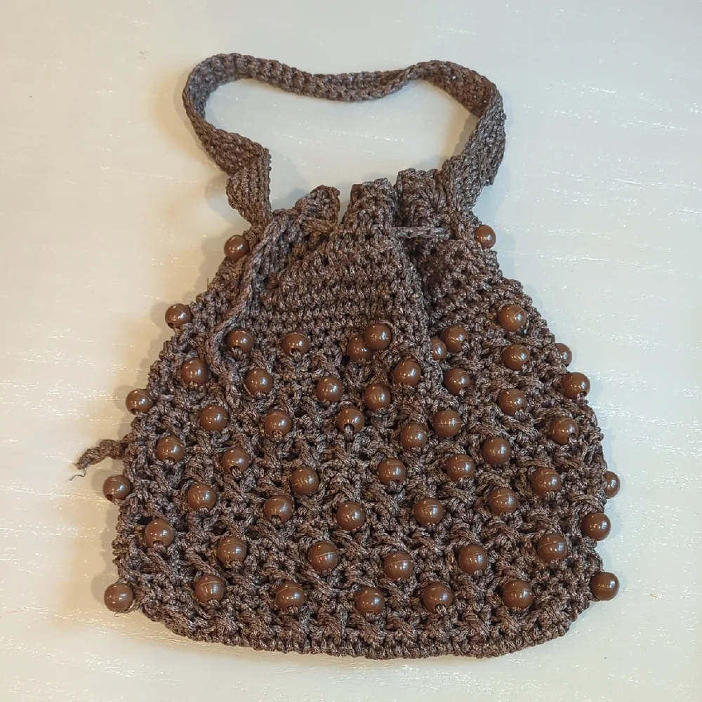 Brown Beaded Crochet Handbag Y2K Hobo Boho‎ Hippie